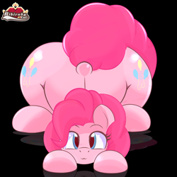 Size: 4400x4400 | Tagged: safe, artist:ribiruby, imported from derpibooru, pinkie pie, earth pony, pony, :3, absurd resolution, balloonbutt, black background, both cutie marks, cute, diapinkes, dock, face down ass up, female, looking at you, mare, simple background, smiling, solo