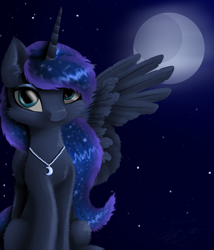 Size: 3000x3500 | Tagged: safe, artist:lunarmoonponi, imported from derpibooru, princess luna, alicorn, pony, cute, female, jewelry, necklace, night, solo, stars