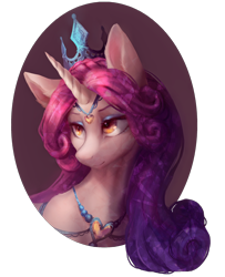 Size: 1300x1604 | Tagged: safe, artist:orchidpony, imported from derpibooru, princess amore, pony, unicorn, beautiful, bust, female, jewelry, mare, portrait, regalia, simple background, smiling, solo, transparent background