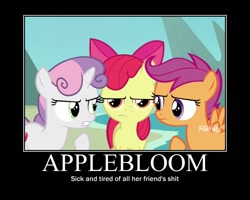 Size: 750x600 | Tagged: safe, imported from derpibooru, apple bloom, scootaloo, sweetie belle, earth pony, pegasus, pony, unicorn, surf and/or turf, apple bloom is not amused, cutie mark crusaders, motivational poster, unamused, vulgar