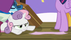 Size: 600x337 | Tagged: safe, edit, edited screencap, imported from derpibooru, screencap, sweetie belle, twilight sparkle, alicorn, surf and/or turf, animated, annoyed, eating, fabric, female, frown, grumpy belle, pica, reversed, solo focus, spitting, sweetie belle is not amused, twilight sparkle (alicorn), unamused
