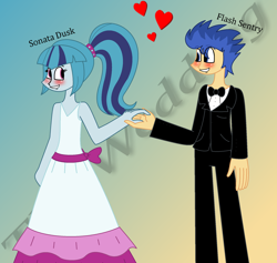 Size: 1976x1872 | Tagged: safe, artist:lovesdrawing721, imported from derpibooru, flash sentry, sonata dusk, equestria girls, blushing, clothes, dress, female, gradient background, holding hands, looking at each other, male, marriage, senata, shipping, smiling, straight, tuxedo, wedding, wedding dress, white dress