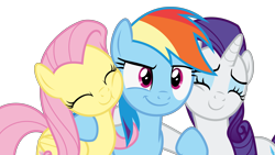 Size: 8889x5000 | Tagged: safe, artist:sollace, imported from derpibooru, fluttershy, rainbow dash, rarity, pegasus, pony, unicorn, fake it 'til you make it, grannies gone wild, .svg available, absurd resolution, c:, cute, dashabetes, eyes closed, female, flaridash, flutterdash, lesbian, rainbow dash gets all the mares, raised hoof, raribetes, raridash, shipping, show accurate, shyabetes, side hug, simple background, smiling, smoosh, smug, tinyface, transparent background, trio, vector