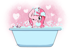 Size: 2048x1536 | Tagged: safe, artist:kimjoman, artist:php142, imported from derpibooru, oc, oc only, oc:rosa flame, pony, bath, bathtub, bubble, cute, female, heart, heart eyes, looking at you, one eye closed, smiling, solo, wet, wingding eyes, wink