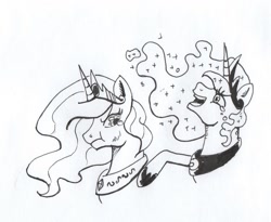 Size: 818x670 | Tagged: safe, artist:kuroneko, derpibooru exclusive, imported from derpibooru, princess celestia, princess luna, alicorn, pony, crying, duo, female, ink drawing, jewelry, laughing, lineart, mare, monochrome, necklace, pouting, royal sisters, simple background, sisters, traditional art, white background