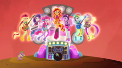 Size: 1920x1080 | Tagged: safe, imported from derpibooru, screencap, applejack, dj pon-3, fluttershy, pinkie pie, rainbow dash, rarity, spike, sunset shimmer, twilight sparkle, vinyl scratch, dog, equestria girls, rainbow rocks, amplifier, bass guitar, bassmobile, drums, electric guitar, floating, guitar, humane five, humane seven, humane six, keytar, mane six, microphone, musical instrument, ponied up, singing, spike the dog, tambourine, welcome to the show