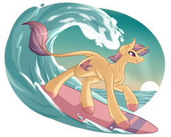 Size: 5389x4327 | Tagged: safe, artist:amazing-artsong, imported from derpibooru, oc, oc only, oc:riptide, pony, unicorn, absurd resolution, leonine tail, male, simple background, smiling, solo, stallion, surfboard, surfing, transparent background, water, wave