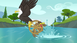 Size: 1280x720 | Tagged: safe, imported from derpibooru, screencap, that friggen eagle, bald eagle, bird, duck, eagle, pinkie apple pie, duo, flying, imminent death, open beak, spread wings, wheel, wheelduck, wings