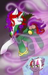 Size: 2412x3788 | Tagged: safe, artist:jolliapplegirl, imported from derpibooru, oc, oc:hazy sky, oc:witch doctor, unicorn, adopted offspring, colt, fangs, female, foal, male, mare, mist, next generation, parent:twilight sparkle, smoke, story included