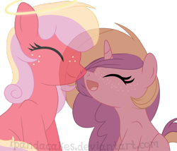 Size: 1313x1123 | Tagged: safe, artist:ipandacakes, imported from derpibooru, oc, oc only, oc:ambrosia, oc:gala blossom, earth pony, ghost, pony, unicorn, female, mare, nuzzling, offspring, parent:big macintosh, parent:cheerilee, parent:sugar belle, parents:cheerimac, parents:sugarmac, simple background, transparent background