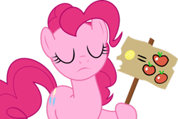 Size: 1024x685 | Tagged: safe, artist:themixelfan, imported from derpibooru, pinkie pie, pony, putting your hoof down, apple, bit, coin, female, food, hoof hold, sign, simple background, solo, transparent background, vector