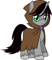 Size: 1062x1212 | Tagged: safe, artist:lightningbolt, derpibooru exclusive, idw, imported from derpibooru, shadow lock, pony, unicorn, villains of equestria collab, spoiler:comic, .svg available, cape, cloak, clothes, hood, hood up, horn, idw showified, looking at you, male, scar, show accurate, simple background, solo, stallion, standing, svg, transparent background, unshorn fetlocks, vector