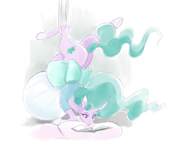 Size: 1406x1200 | Tagged: safe, artist:nsfwbonbon, imported from derpibooru, mistmane, pony, unicorn, belly, book, curved horn, eastern unicorn, exercise ball, explicit source, female, horn, mare, pregnant, reading, solo, stretching, suspended, upside down