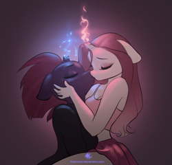 Size: 2117x2029 | Tagged: safe, artist:katputze, imported from derpibooru, tempest shadow, oc, oc:crimson sunset, anthro, pony, unicorn, my little pony: the movie, anthro oc, canon x oc, clothes, duo, eyes closed, female, holding head, kiss on the lips, kissing, lesbian, mare, tanktop