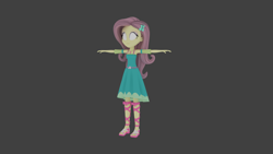 Size: 1920x1080 | Tagged: safe, artist:creatorofpony, artist:empireoftime, imported from derpibooru, fluttershy, equestria girls, equestria girls series, 3d, :|, blank eyes, clothes, dress, empty eyes, female, gray background, hair ornament, no iris, no pupils, sandals, simple background, solo, t pose, wip