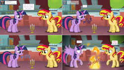 Size: 2564x1444 | Tagged: safe, artist:hakunohamikage, imported from derpibooru, sunset shimmer, twilight sparkle, alicorn, pony, unicorn, ask-princesssparkle, ask, candle, fire, futhark, runes, tumblr, twilight sparkle (alicorn), twilight's lab