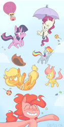 Size: 3396x6763 | Tagged: safe, artist:chepelitaxd, imported from derpibooru, applejack, fluttershy, pinkie pie, rainbow dash, rarity, twilight sparkle, alicorn, earth pony, pegasus, pony, unicorn, candy, cowboy hat, cute, eyes closed, falling, female, flailing, flying, food, hat, hoofy-kicks, hot air balloon, lollipop, mane six, mare, smiling, tied up, twilight sparkle (alicorn)