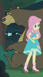 Size: 1242x2208 | Tagged: safe, imported from derpibooru, screencap, fluttershy, harry, bear, butterfly, equestria girls, equestria girls series, stressed in show, stressed in show: fluttershy, boots, clothes, cropped, cute, dress, mud, muddy, shoes, shyabetes, smiling