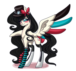 Size: 1000x930 | Tagged: safe, artist:projectblastart, imported from derpibooru, oc, oc only, oc:sherylee baker, pony, blushing, bow, clothes, colored wings, goggles, hair bow, hat, multicolored wings, simple background, socks, solo, striped socks, transparent background