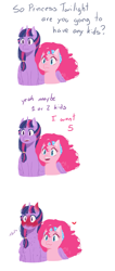 Size: 619x1462 | Tagged: safe, artist:natsuni0, imported from derpibooru, pinkie pie, twilight sparkle, alicorn, earth pony, pony, alternate hairstyle, bandana, blushing, blushing profusely, dialogue, female, hair tie, heart, hug, interview, lesbian, mare, offscreen character, ponytail, shipping, shocked, simple background, sitting, twilight sparkle (alicorn), twinkie, white background, winghug