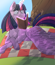 Size: 1700x2000 | Tagged: safe, artist:alienface123, imported from derpibooru, twilight sparkle, alicorn, pony, blanket, book, ear fluff, female, glowing horn, magic, mare, picnic, picnic blanket, prone, reading, solo, telekinesis, tree, twilight sparkle (alicorn)