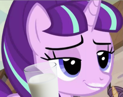 Size: 753x597 | Tagged: safe, edit, edited screencap, imported from derpibooru, screencap, starlight glimmer, pony, unicorn, the cutie map, got milk, lidded eyes, milk, milk moustache, smiling