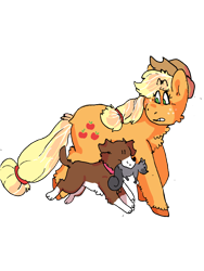 Size: 1800x2400 | Tagged: safe, artist:fri3d-goatwings, imported from derpibooru, applejack, winona, dog, earth pony, pony, squirrel, applejack's hat, cowboy hat, cutie mark, female, hair tie, hat, mare, simple background, transparent background, worried