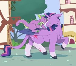 Size: 4000x3500 | Tagged: safe, artist:flyingeevee, imported from derpibooru, spike, twilight sparkle, alicorn, dragon, pony, alternate design, alternative cutie mark placement, blaze (coat marking), claws, coat markings, colored claws, colored wings, curved horn, cutie mark, dragons riding ponies, duo, ear fluff, eyes closed, facial markings, female, happy, leonine tail, male, mare, nuzzling, ponyville, riding, smiling, socks (coat marking), socks (coat markings), spike riding twilight, spikelove, twilight sparkle (alicorn), walking