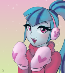 Size: 656x735 | Tagged: safe, artist:ehfa, imported from derpibooru, sonata dusk, equestria girls, bundled up for winter, clothes, cute, earmuffs, eyebrows, eyebrows visible through hair, female, gradient background, mittens, open mouth, solo, sonatabetes, sweater, turtleneck, winter outfit