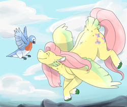 Size: 3800x3200 | Tagged: safe, artist:flyingeevee, imported from derpibooru, fluttershy, bird, bluebird, pegasus, pony, cheek fluff, chest fluff, colored hooves, cutie mark, ear fluff, eyes closed, female, flying, mare, smiling, solo, spread wings, tail feathers, wings