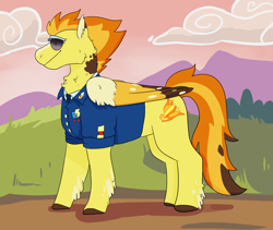 Size: 3800x3200 | Tagged: safe, artist:flyingeevee, imported from derpibooru, spitfire, pegasus, pony, clothes, coat markings, colored wings, cutie mark, female, mare, profile, road, smiling, solo, sunglasses, uniform, wonderbolts dress uniform