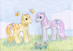 Size: 1024x717 | Tagged: safe, artist:normaleeinsane, imported from derpibooru, butterscotch (g1), snuzzle, butterfly, duo, flower, g1, traditional art