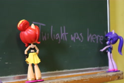 Size: 6000x4000 | Tagged: safe, artist:artofmagicpoland, imported from derpibooru, sci-twi, sunset shimmer, twilight sparkle, equestria girls, equestria girls series, caught, chalkboard, doll, equestria girls minis, female, lesbian, shipping, sunsetsparkle, toy