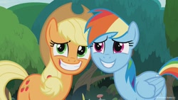 Size: 1096x617 | Tagged: safe, imported from derpibooru, screencap, applejack, rainbow dash, earth pony, pegasus, pony, non-compete clause, cute, dashabetes, duo, female, grin, jackabetes, mare, nervous, nervous grin, smiling