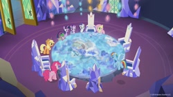 Size: 1644x925 | Tagged: safe, imported from derpibooru, screencap, applejack, fluttershy, pinkie pie, rainbow dash, rarity, spike, starlight glimmer, twilight sparkle, alicorn, dragon, earth pony, pegasus, pony, unicorn, school daze, bird's eye view, cutie map, female, friendship throne, high angle, male, mane seven, mane six, mare, twilight sparkle (alicorn), twilight's castle