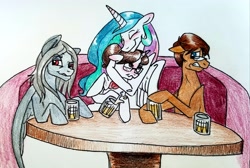 Size: 3803x2554 | Tagged: safe, artist:smirk, imported from derpibooru, princess celestia, raven, oc, oc:barred hold, oc:bristleback, alcohol, blushing, booth, flustered, grab, hug, request, smiling, smirk, spilled drink, traditional art