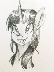Size: 3024x4032 | Tagged: safe, artist:smirk, imported from derpibooru, twilight sparkle, pony, bust, female, monochrome, pencil, portrait, sketch, smiling, solo, traditional art