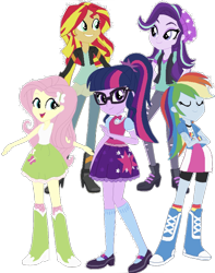 Size: 1092x1386 | Tagged: safe, editor:php77, imported from derpibooru, fluttershy, rainbow dash, sci-twi, starlight glimmer, sunset shimmer, twilight sparkle, equestria girls, mirror magic, beanie, boots, clothes, compression shorts, glasses, hat, high heel boots, jacket, leather jacket, mary janes, pants, ponytail, shoes, shorts, simple background, skirt, socks, transparent background