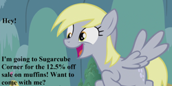 Size: 1792x896 | Tagged: safe, edit, edited screencap, imported from derpibooru, screencap, derpy hooves, pony, slice of life (episode), bronybait, cropped, cute, derpabetes, female, irrational exuberance, smiling, solo, text, that pony sure does love muffins