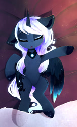 Size: 1620x2665 | Tagged: safe, artist:magnaluna, imported from derpibooru, princess luna, alicorn, pony, alternate hairstyle, alternate universe, cheek fluff, chest fluff, cute, ear down, ear fluff, eyes closed, female, leg fluff, lunabetes, mare, on back, one ear down, open mouth, sleeping, solo