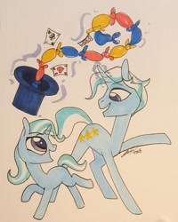 Size: 1981x2479 | Tagged: safe, artist:creeate97, imported from derpibooru, jack pot, trixie, pony, unicorn, duo, father and daughter, female, filly, glowing horn, hat, magic, magic trick, male, playing card, raised hoof, signature, simple background, stallion, telekinesis, top hat, traditional art, younger