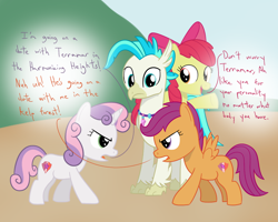 Size: 1000x800 | Tagged: safe, artist:mightyshockwave, imported from derpibooru, apple bloom, scootaloo, sweetie belle, terramar, classical hippogriff, earth pony, hippogriff, pegasus, pony, unicorn, surf and/or turf, angry, argument, beach, cutie mark crusaders, female, filly, male, shipping, straight, terrabelle, terrabloom, terraloo, terramar gets all the fillies, terramar gets all the mares