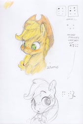 Size: 1638x2422 | Tagged: safe, artist:dilarus, deleted from derpibooru, imported from derpibooru, applejack, earth pony, pony, blushing, braille, bust, colored pencil drawing, cowboy hat, dialogue, female, freckles, hat, mare, offscreen character, partial color, pencil drawing, signature, simple background, sketch, solo, text, traditional art, translated in the comments, white background