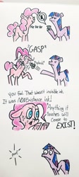 Size: 1795x4003 | Tagged: safe, artist:smirk, imported from derpibooru, pinkie pie, twilight sparkle, earth pony, pony, unicorn, comic, female, mare, simple background, spill, traditional art, u don fucked up twilight, uh oh, white background