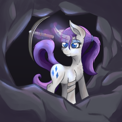 Size: 2000x2000 | Tagged: safe, artist:thexiiilightning, imported from derpibooru, rarity, pony, unicorn, alternate hairstyle, bandage, cave, cavern, chest fluff, dirty, eyeshadow, female, hairband, magic, makeup, mine, mining, pickaxe, ponytail, raity, solo