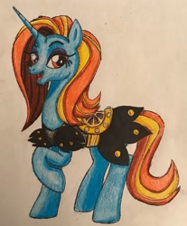 Size: 2280x2760 | Tagged: safe, artist:bozzerkazooers, imported from derpibooru, sassy saddles, pony, unicorn, clothes, female, mare, open mouth, raised hoof, solo, traditional art