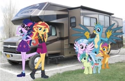 Size: 1603x1046 | Tagged: safe, editor:php77, imported from derpibooru, gallus, ocellus, sandbar, sci-twi, silverstream, smolder, sunset shimmer, twilight sparkle, classical hippogriff, griffon, hippogriff, pony, equestria girls, equestria girls series, school daze, camper, equestria girls in real life, irl, looking at you, photo, ponies in real life, rv