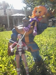 Size: 640x480 | Tagged: safe, artist:theanimefanz, imported from derpibooru, adagio dazzle, equestria girls, clothes, doll, equestria girls minis, grass, gwenpool, irl, marvel, marvel legends, panties, photo, purple underwear, skirt, sword, thanos, toy, underwear, upskirt, weapon