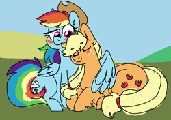 Size: 1155x815 | Tagged: safe, artist:/d/non, imported from derpibooru, applejack, rainbow dash, earth pony, pegasus, pony, appledash, applejack's hat, blushing, cowboy hat, duo, eyes closed, female, hat, hug, lesbian, looking down, lying down, mare, shipping, sitting, winghug