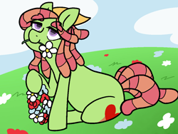 Size: 1052x790 | Tagged: safe, artist:/d/non, imported from derpibooru, tree hugger, earth pony, pony, bandana, clothes, dreadlocks, female, field, floral necklace, flower, flower necklace, headscarf, mare, mouth hold, scarf, sitting, smiling, solo